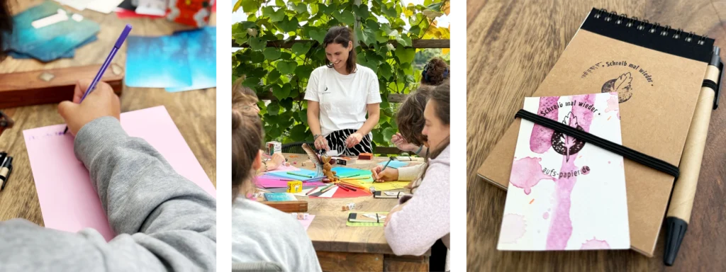 Man schaut einer schreibenden Person über die Schulter, erkennt aber keine Worte. Daneben ein Bild wie Irena einen Schreibworkshop anleitet sie steht am Tisch und erklärt. Als Drittes Bild ein Notizblock auf dem Irenas Visitenkarte liegt.